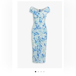 Diane Von Furstenberg Blue & Light Green Floral Off-Shoulder Ruched Midi Dress